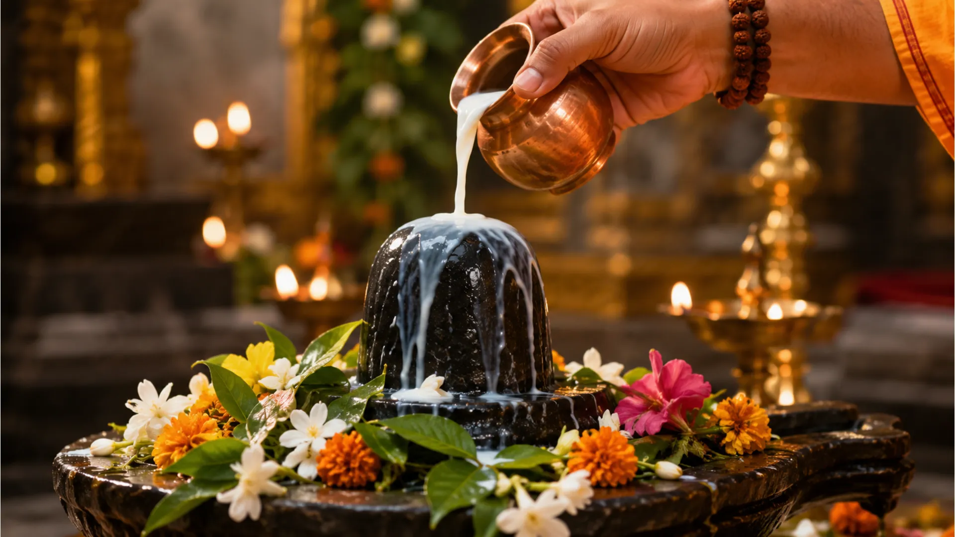 Milk being poured over a decorated black stone with flowers and leaves