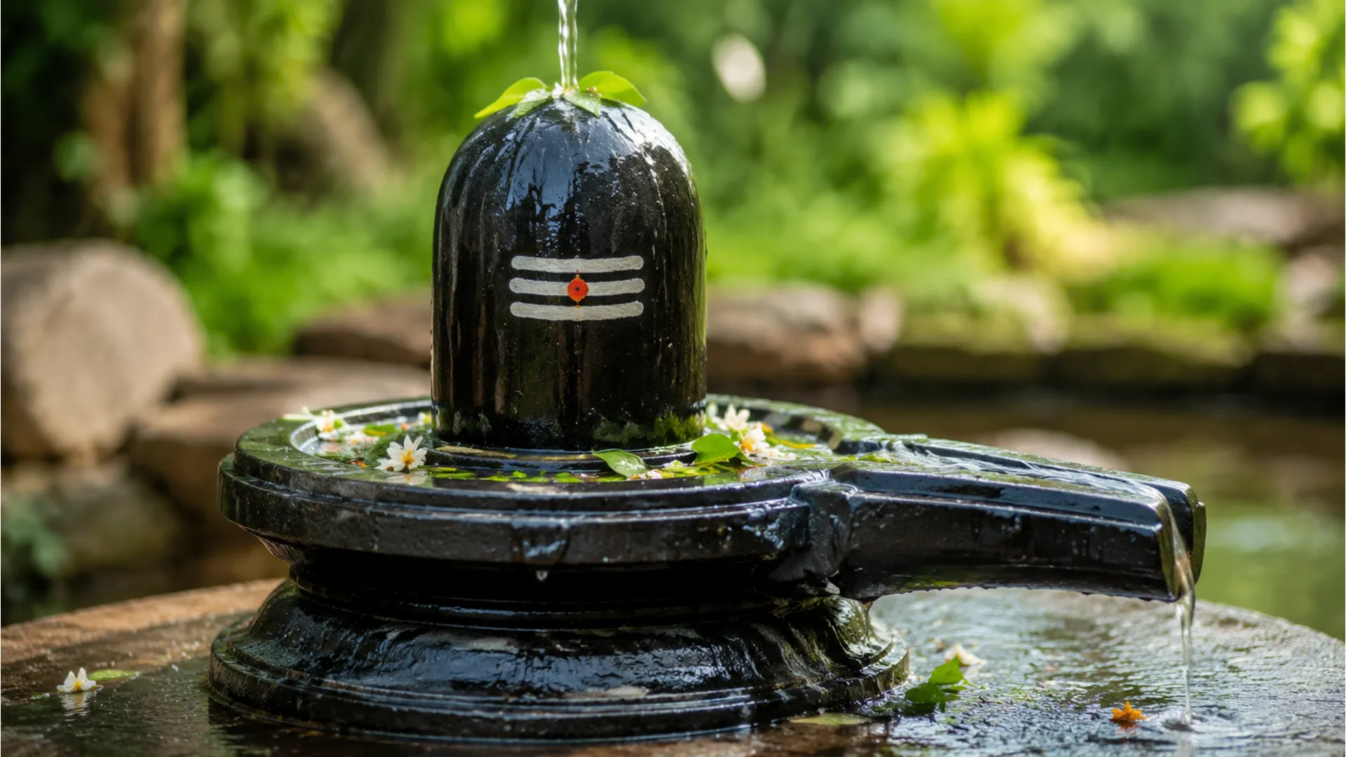stone shiva lingam with water and milk offering outdoors