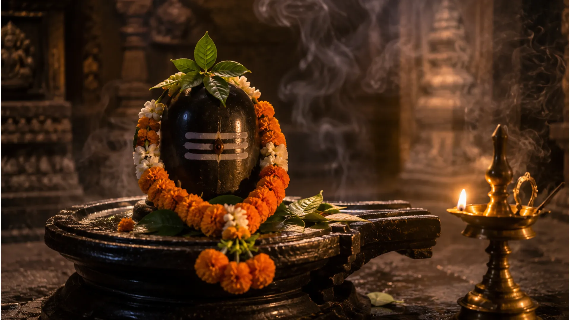 Traditional Shiva lingam inside an ancient stone temple decorated with flowers and a brass diya.