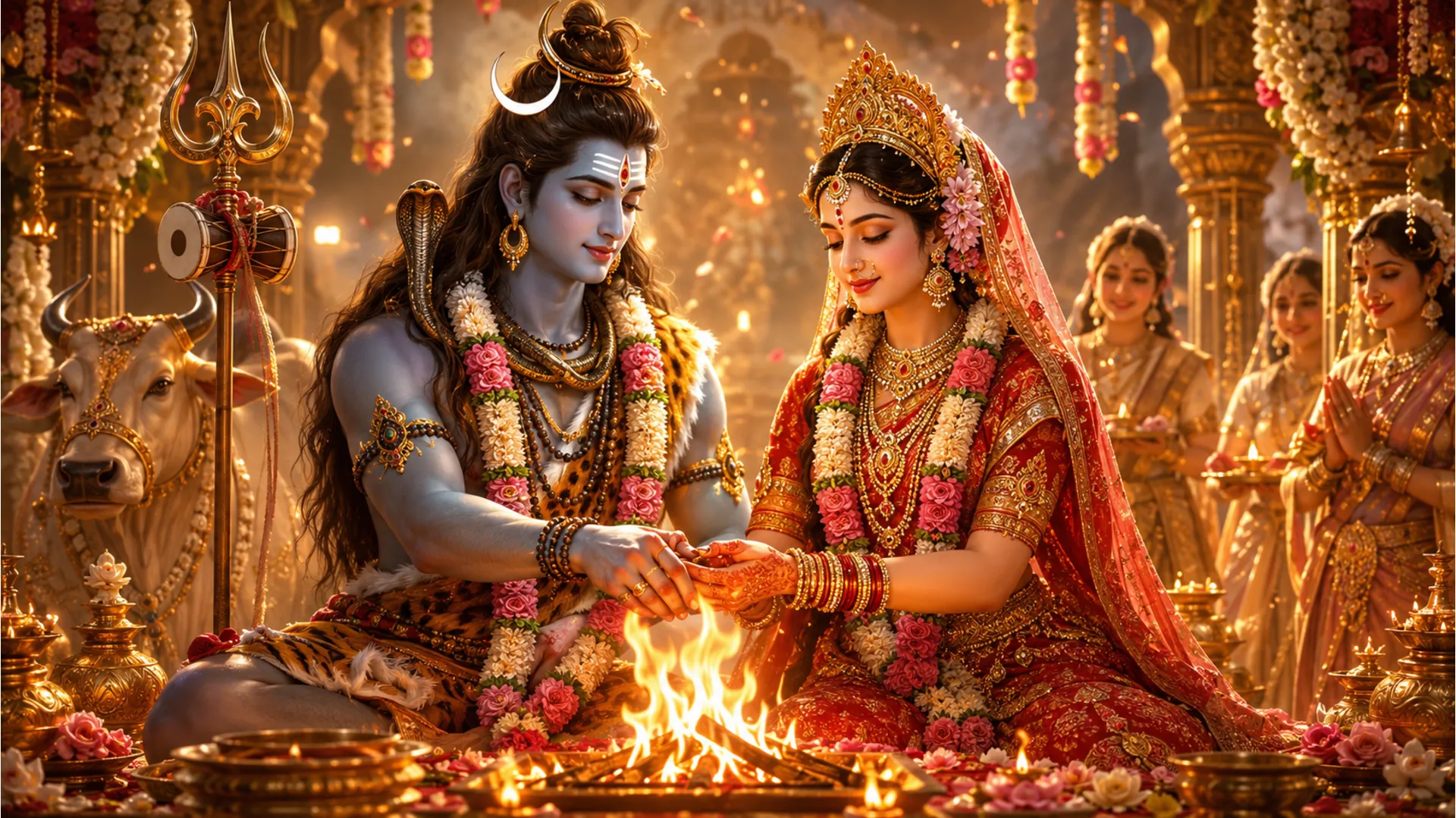 The holy wedding ritual of Lord Shiva and Goddess Parvati with sacred fire and traditional garlands.