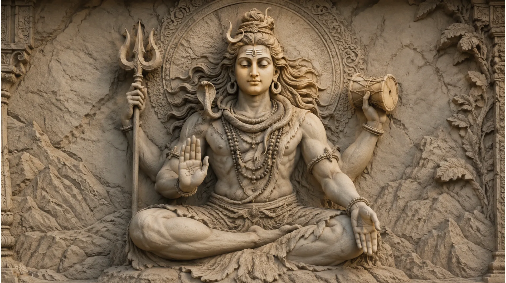 A stone relief sculpture shows Lord Shiva seated with multiple arms, a trident, and a drum.