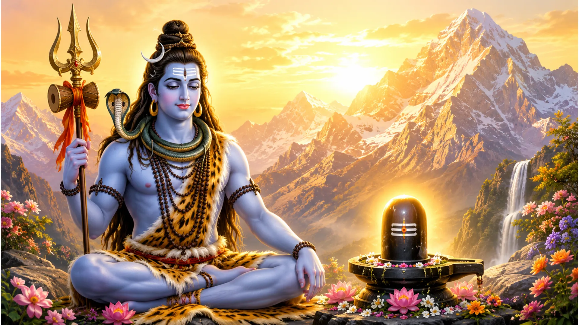 Lord Shiva sits calmly in a colorful mountain setting, holding a trident with flowers and sacred objects around him.