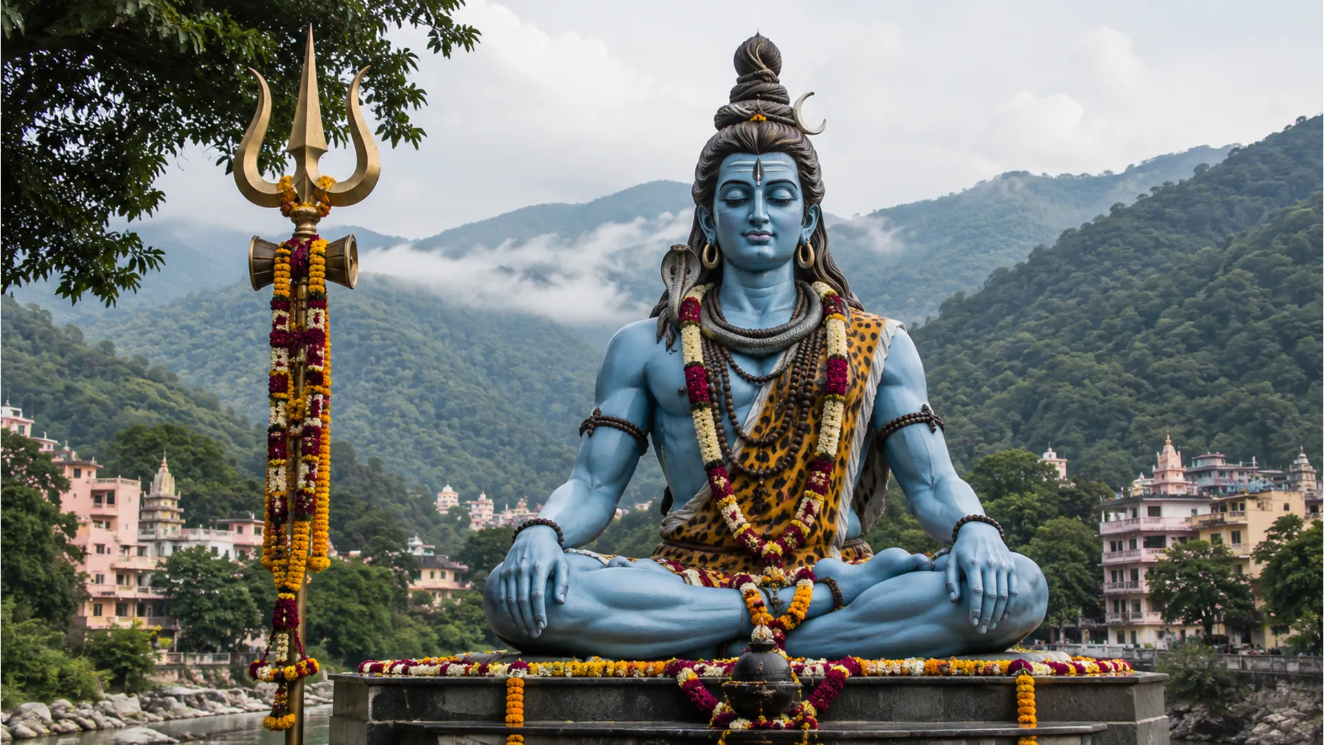 A blue Shiva statue sits cross-legged outdoors with garlands, a trident nearby, and green hills in the background.