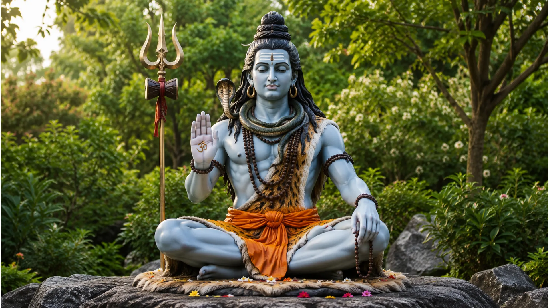 A light blue statue of Lord Shiva sits on a rocky base with one hand raised in blessing.