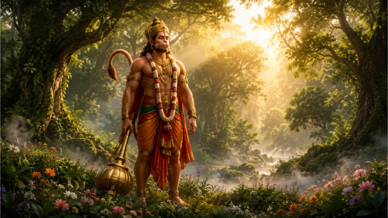 Lord Hanuman standing peacefully with a mace in a lush green meditative forest at dawn.