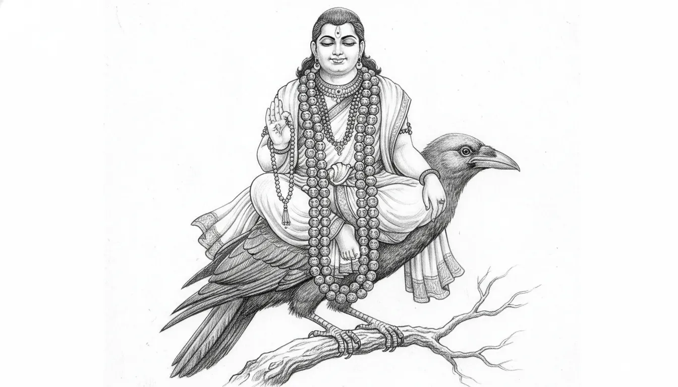 shani dev on crow wearing garland of shani mantra names on beads sketch