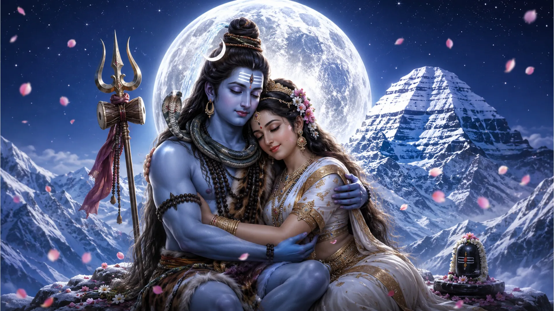 Lord Shiva and Goddess Parvati embracing gracefully under a glowing full moon on Mount Kailash.