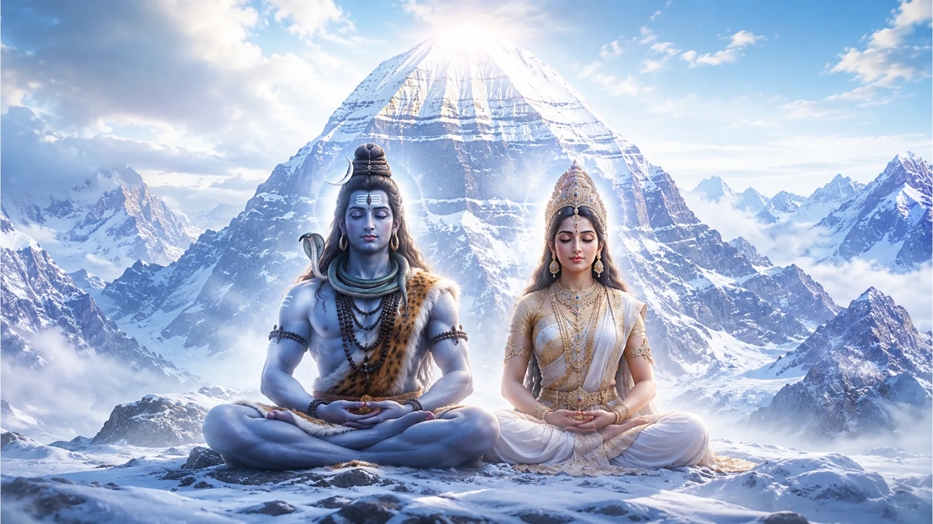 Lord Shiva and Goddess Parvati sitting in deep meditation on the snowy peaks of Mount Kailash.