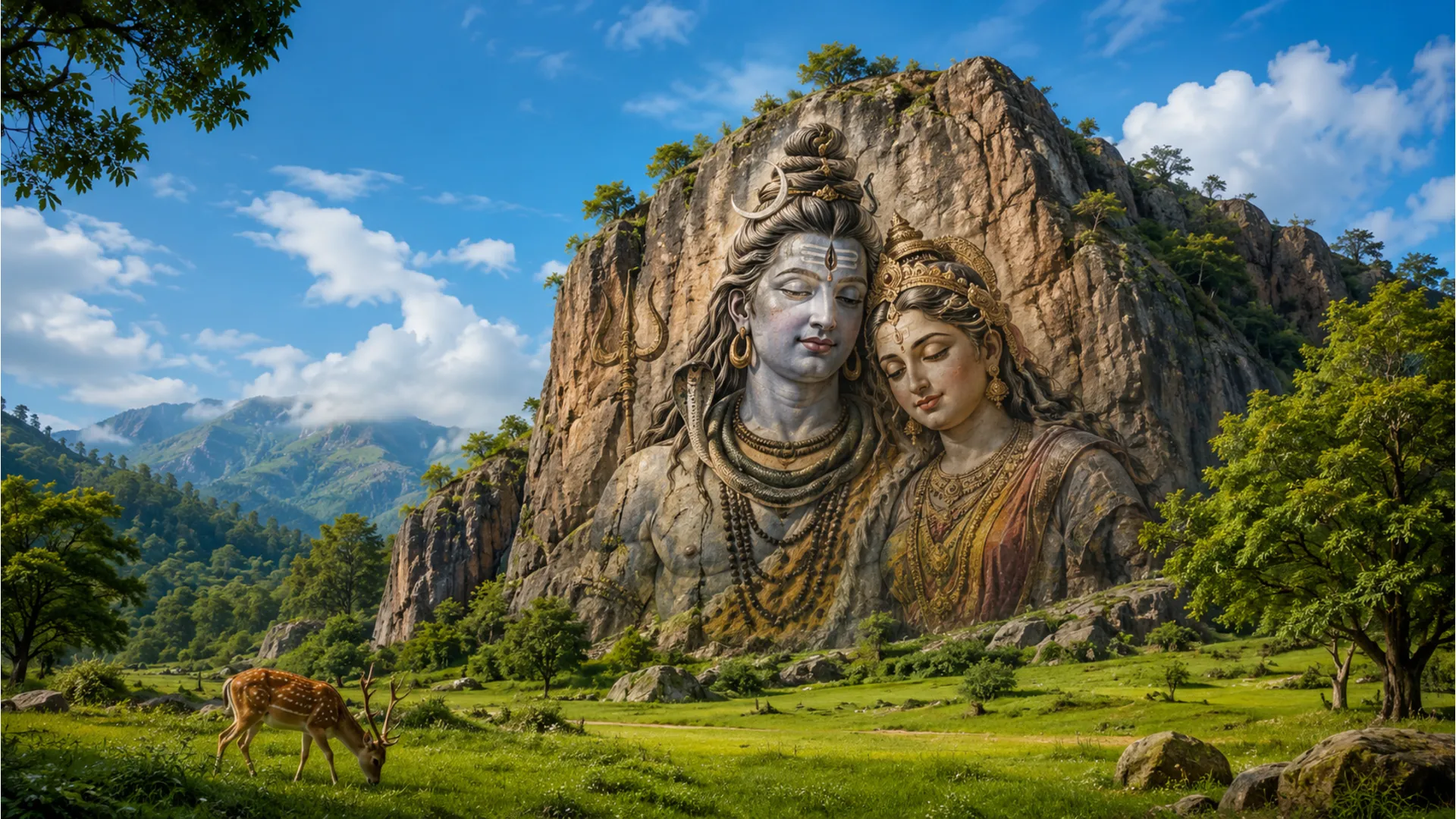 Shiva and Parvati portrait displayed on a large rock formation above a grassy field with a deer