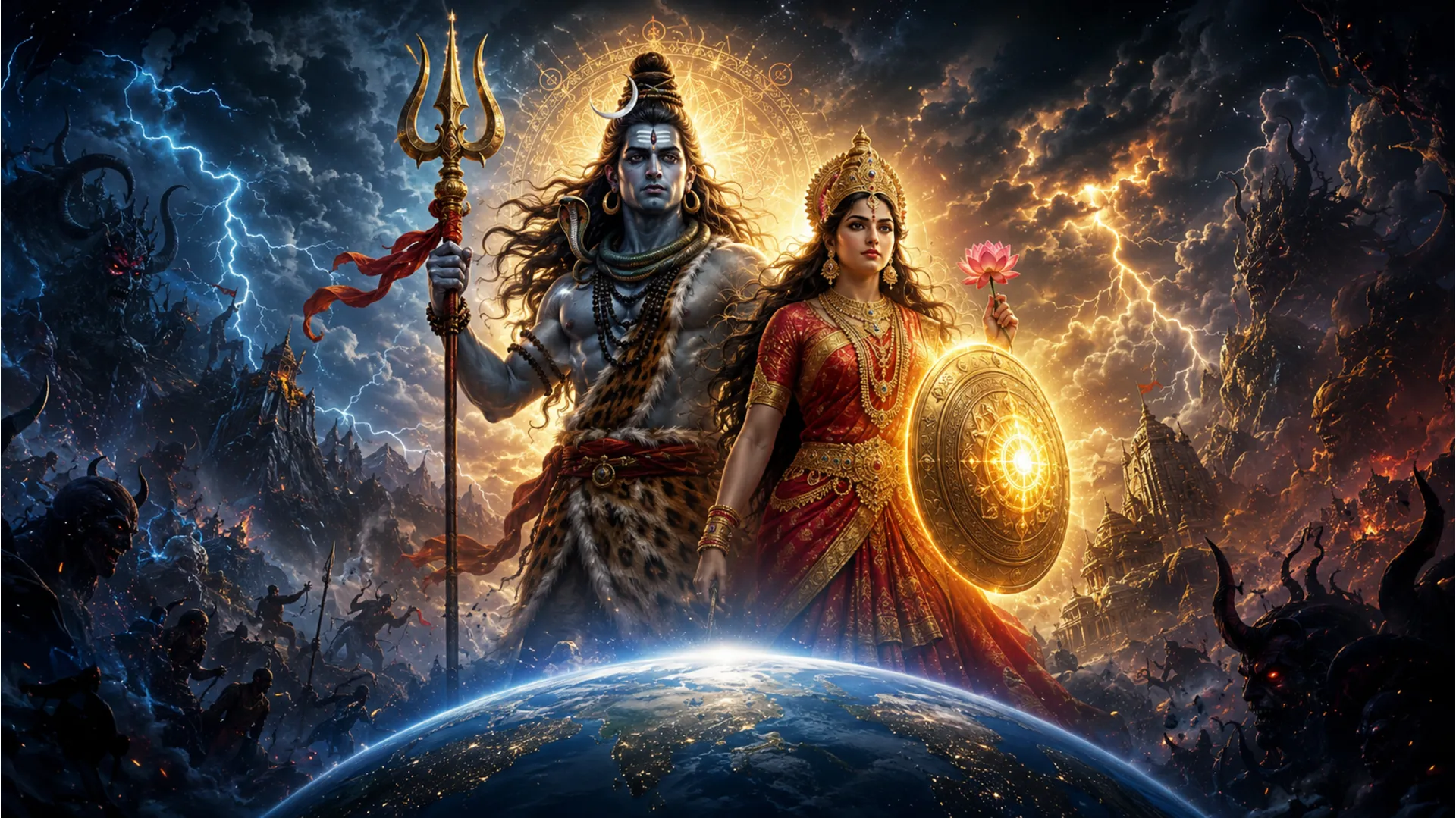 Lord Shiva holding his trident and Goddess Parvati holding a lotus, standing together to protect planet Earth.