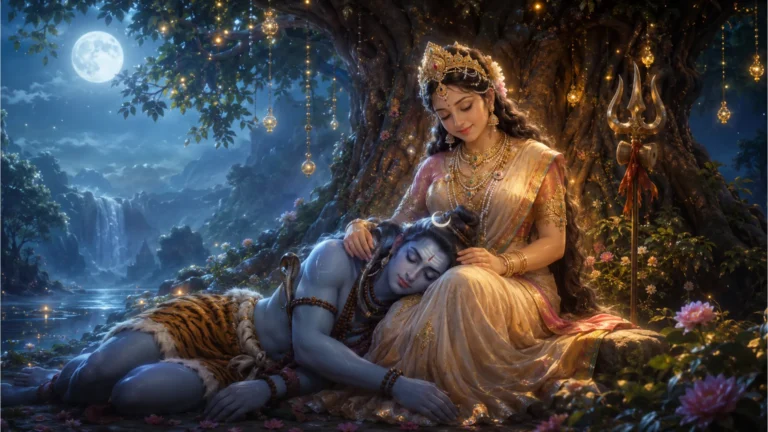 Lord Shiva resting his head on Goddess Parvati's lap under a glowing Kalpavriksha tree.