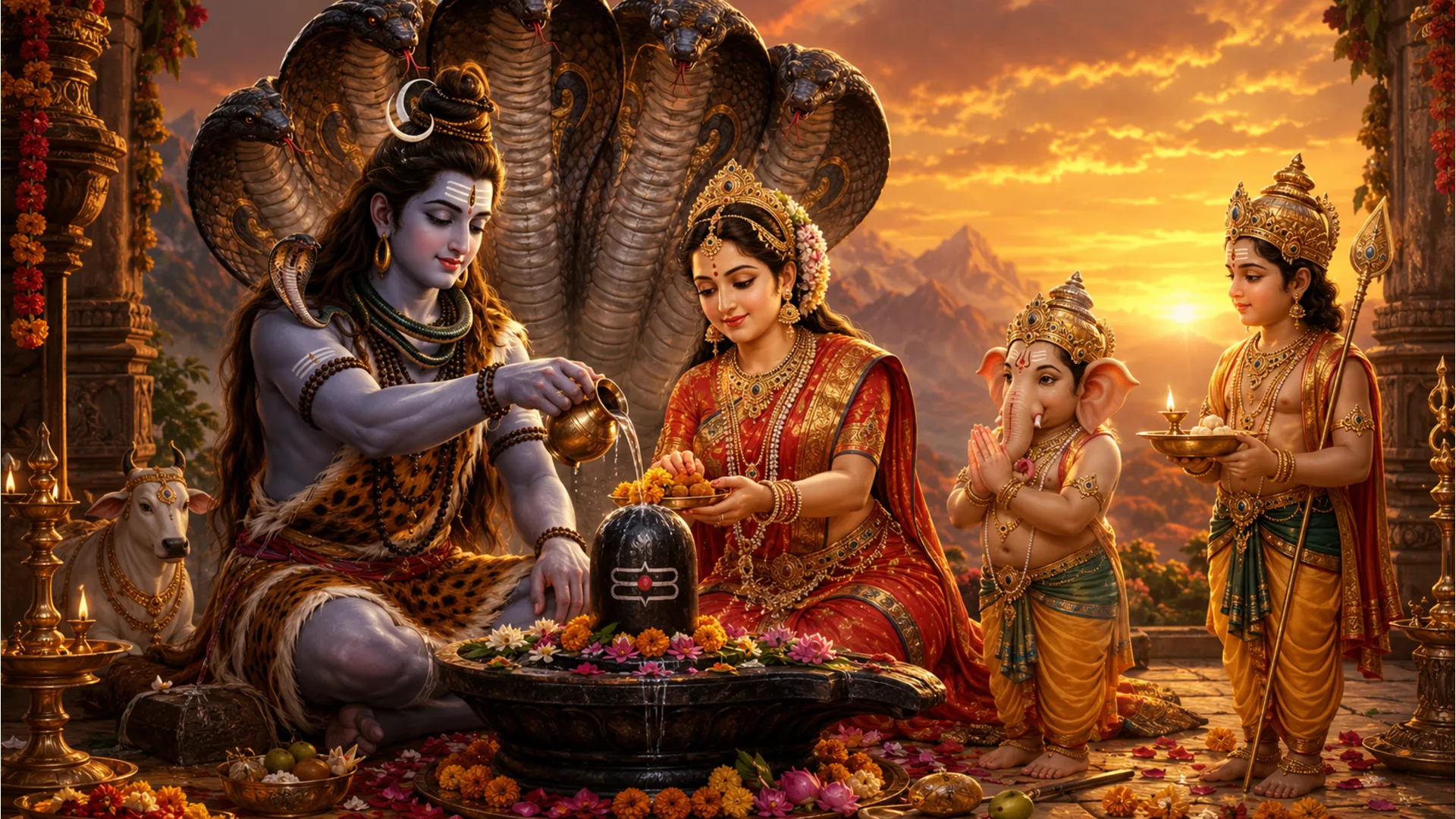 Goddess Parvati and Lord Shiva offering flowers to a holy Shiva Lingam with Ganesha