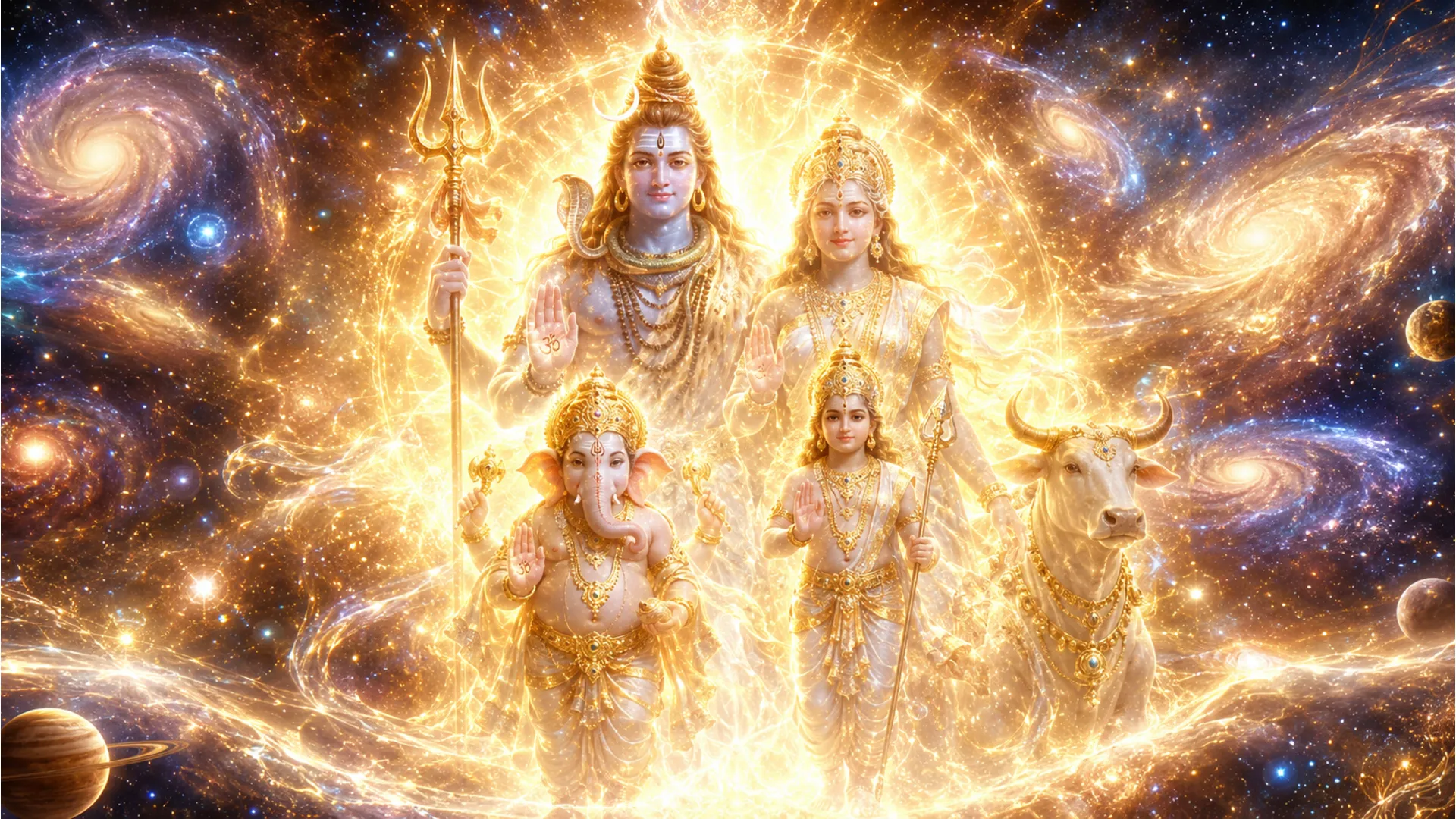 Lord Shiva playing the damru drum while Parvati Ganesha and Kartikeya dance happily