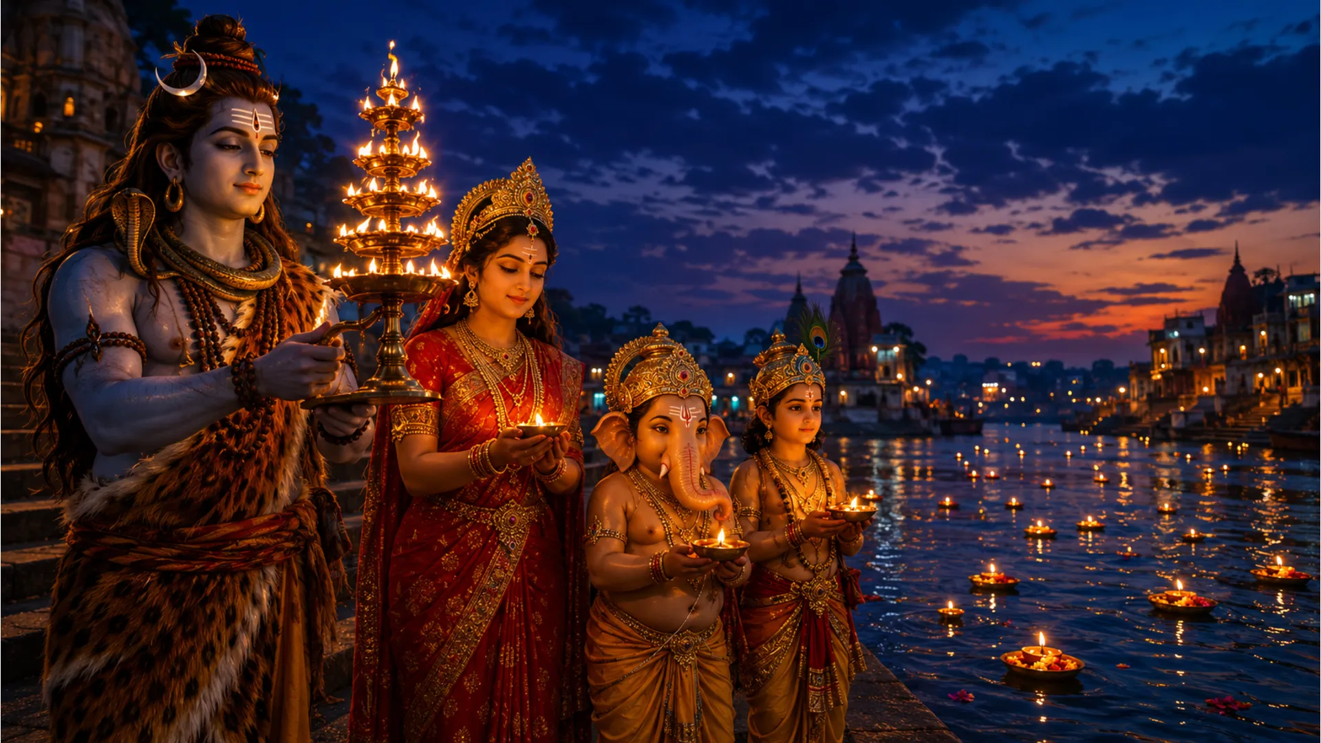 Shiva family holding brass lamps during evening arati on the river banks
