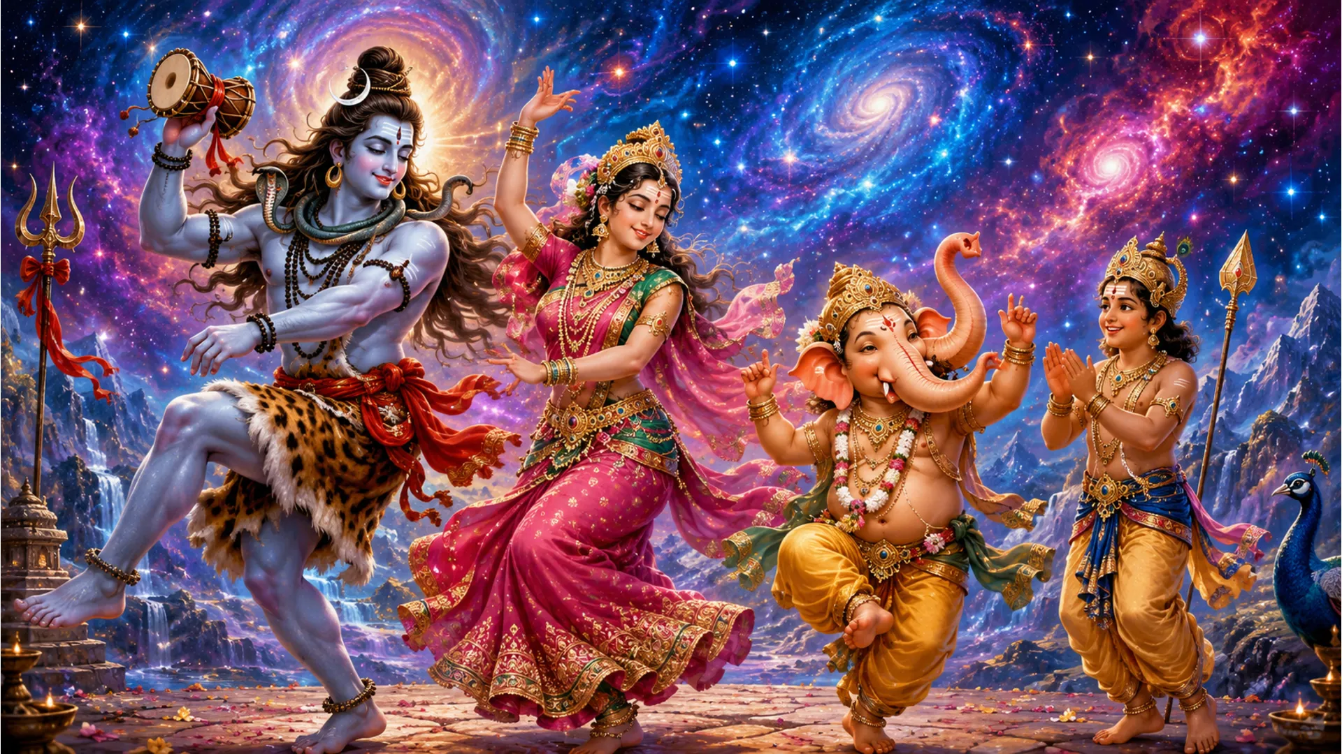 Lord Shiva playing the damru drum while Parvati Ganesha and Kartikeya dance happily