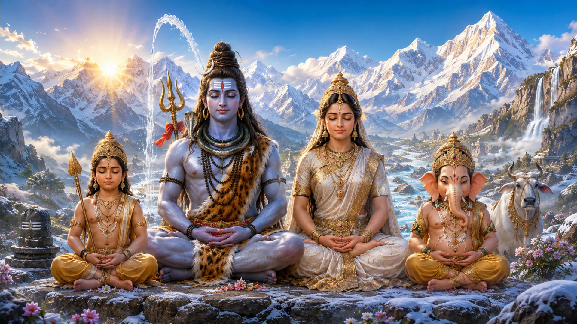 Lord Shiva family meditating together on the snow-covered peaks of Mount Kailash