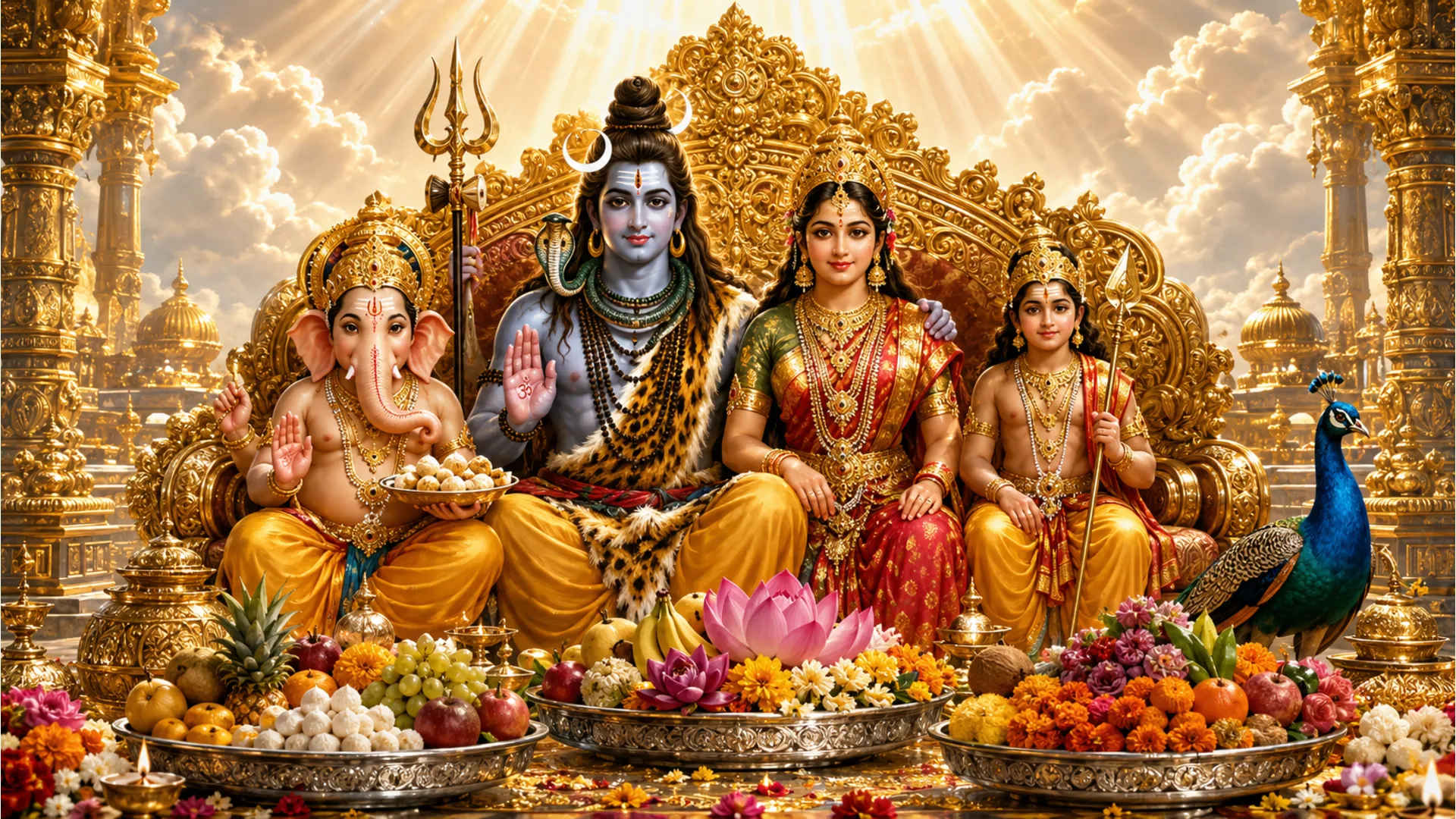 Lord Shiva family seated on a golden throne with divine light radiating from them