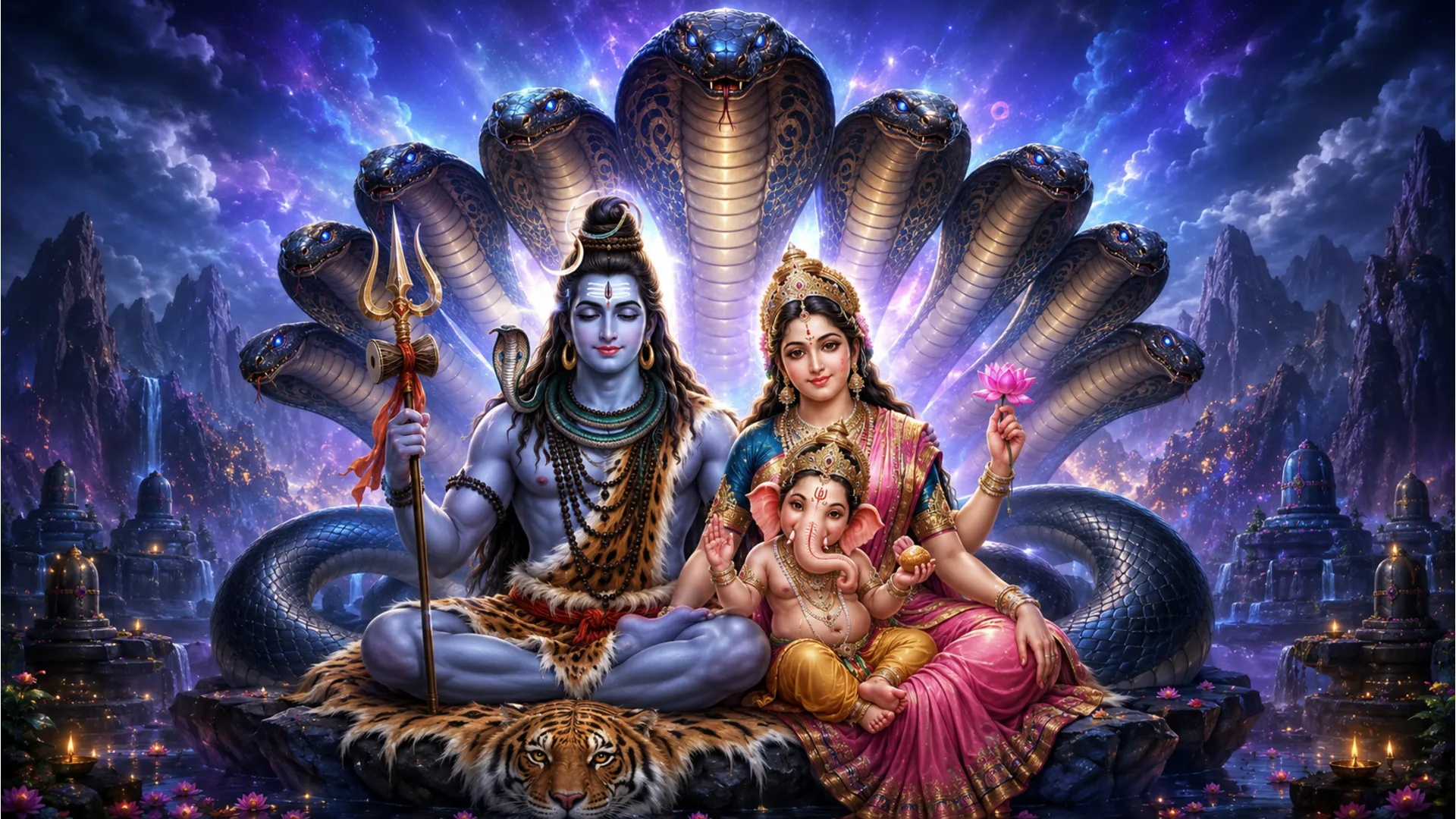 Lord Shiva and Parvati sitting under a massive multi-headed cobra canopy with their sons