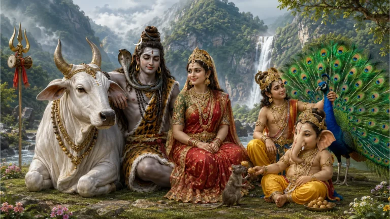 Shiva family resting peacefully next to Nandi the bull and the sacred peacock mount