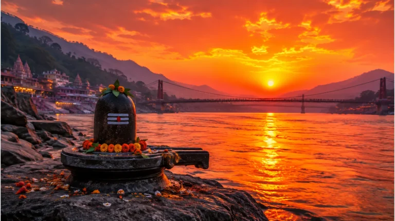 Shiva lingam on the banks of the river Ganges in Rishikesh during a vibrant orange sunset.
