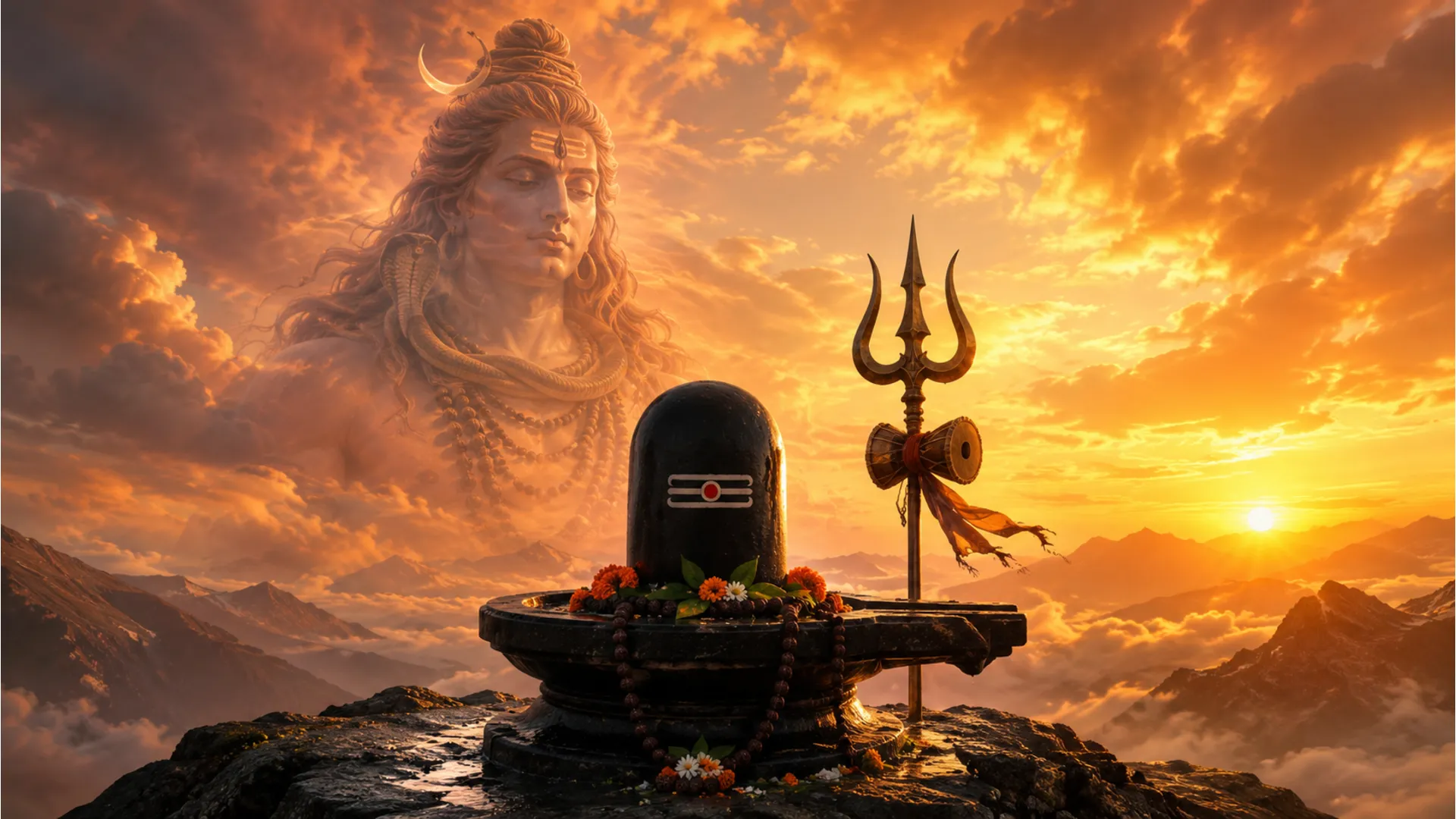 A Shiva lingam and trident stand on rocky ground with a soft, glowing image of Lord Shiva blended into a sunset sky.