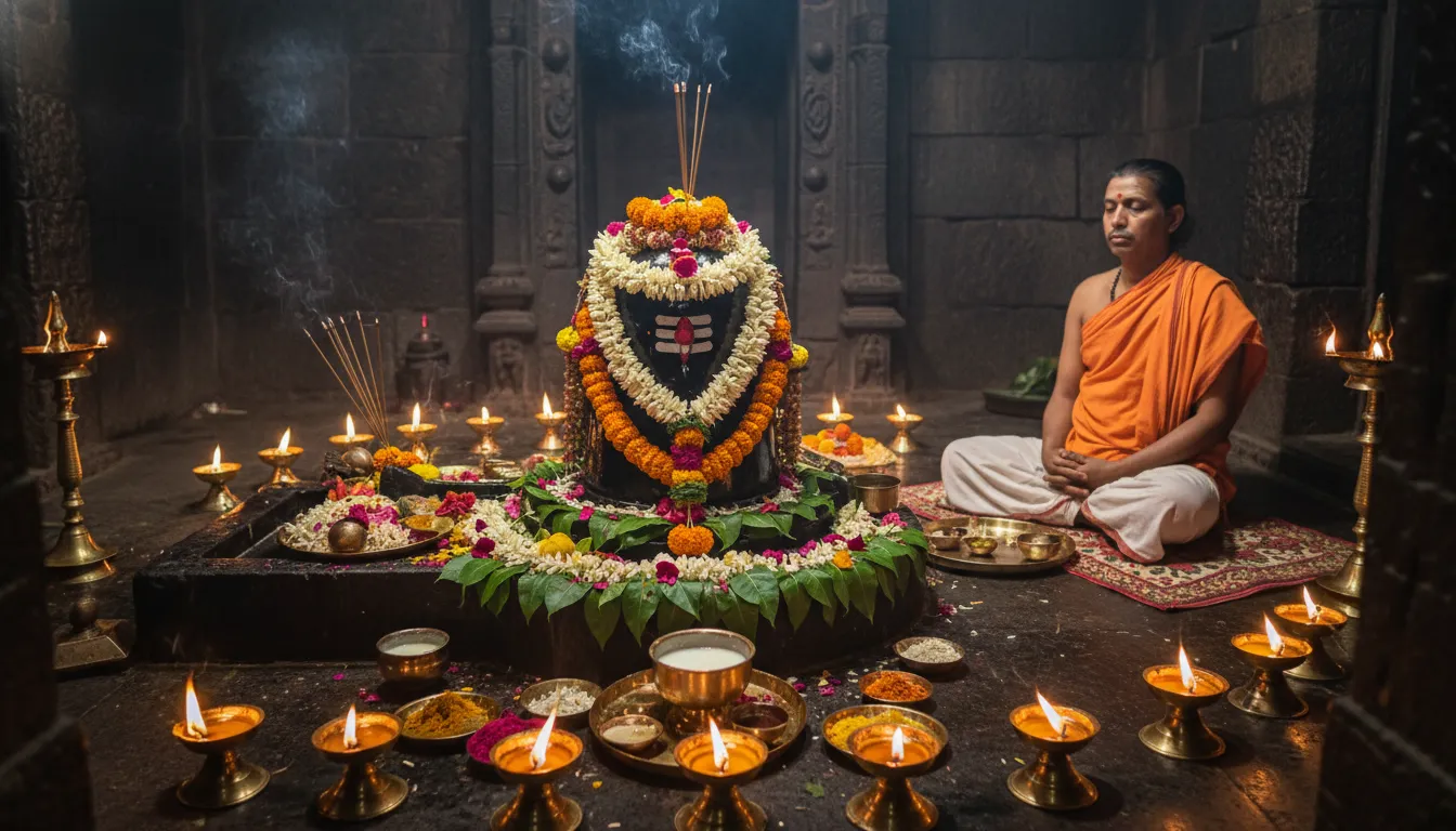 The decorated Shiva Lingam shrine inside the inner sanctum of Mukteshwar Mahadev Temple.