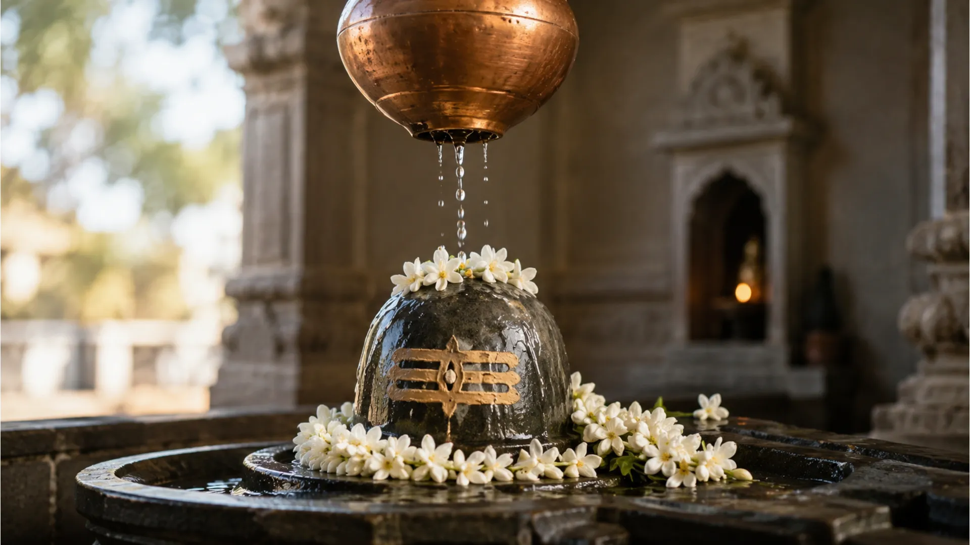 Water pouring from a copper pot onto a sacred Shiva Lingam with flowers