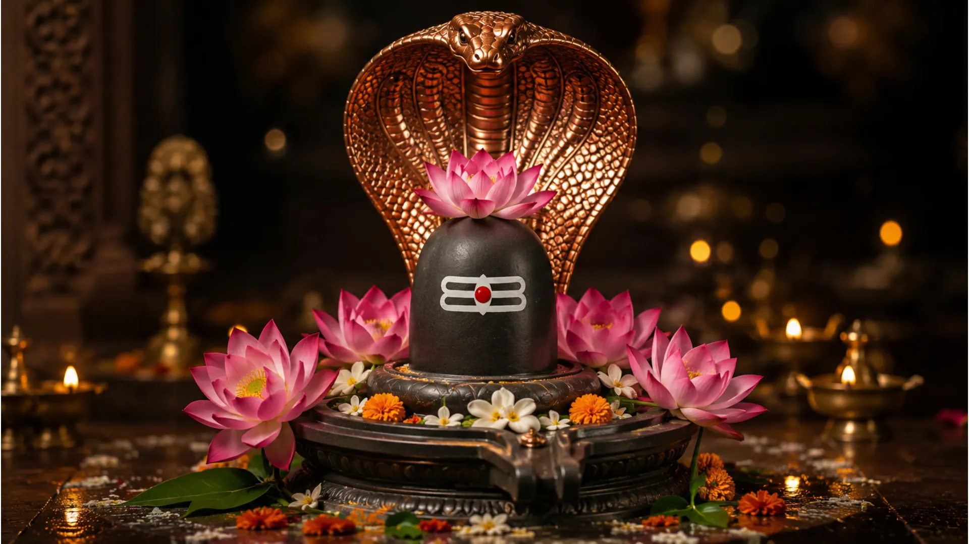 Shiva lingam decorated with lotus flowers and a copper snake hood