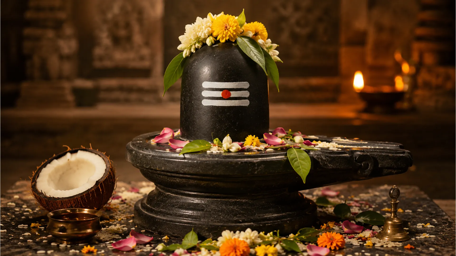 Shiva lingam decorated with flowers, leaves, and rice offerings on stone base