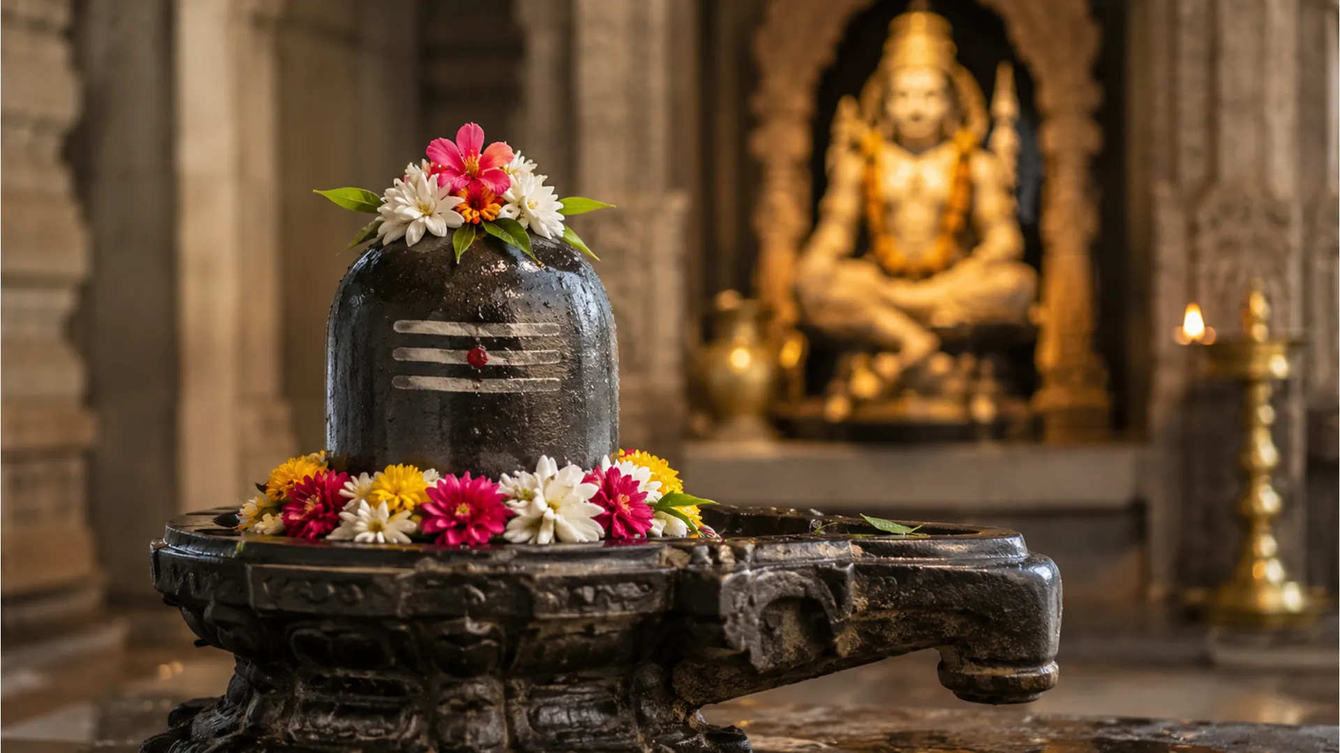 Shiva lingam decorated with flowers with a blurred idol in the background