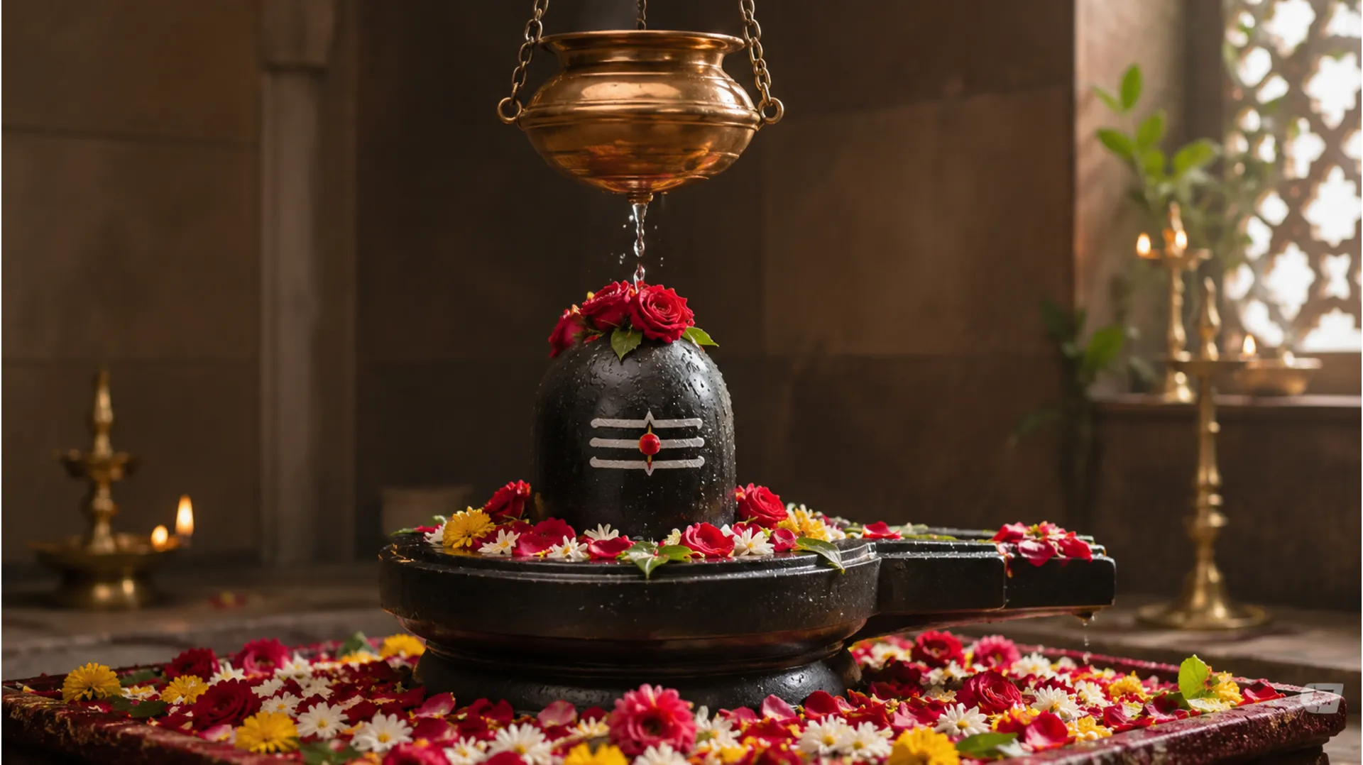 Shiva lingam with flowers and a hanging pot dripping water above