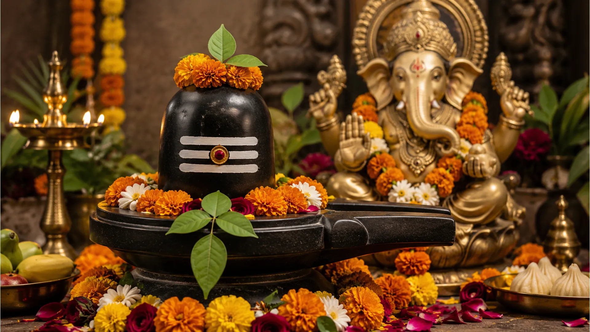 Shiva lingam decorated with flowers and placed near Ganesha idol