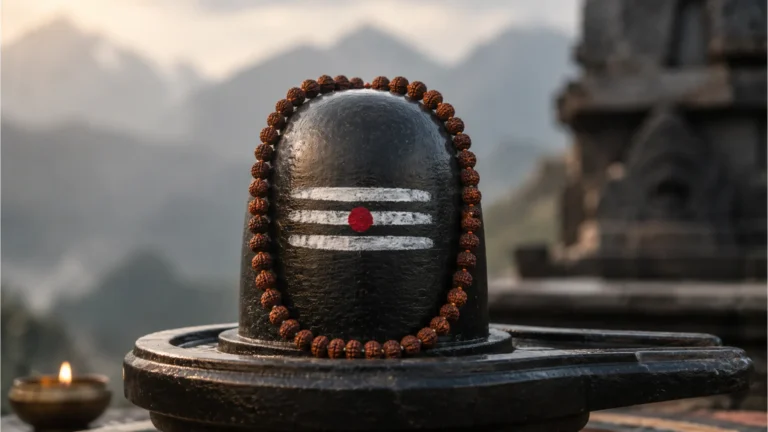Shiva lingam decorated with three lines of vibhuti ash and a rudraksha mala