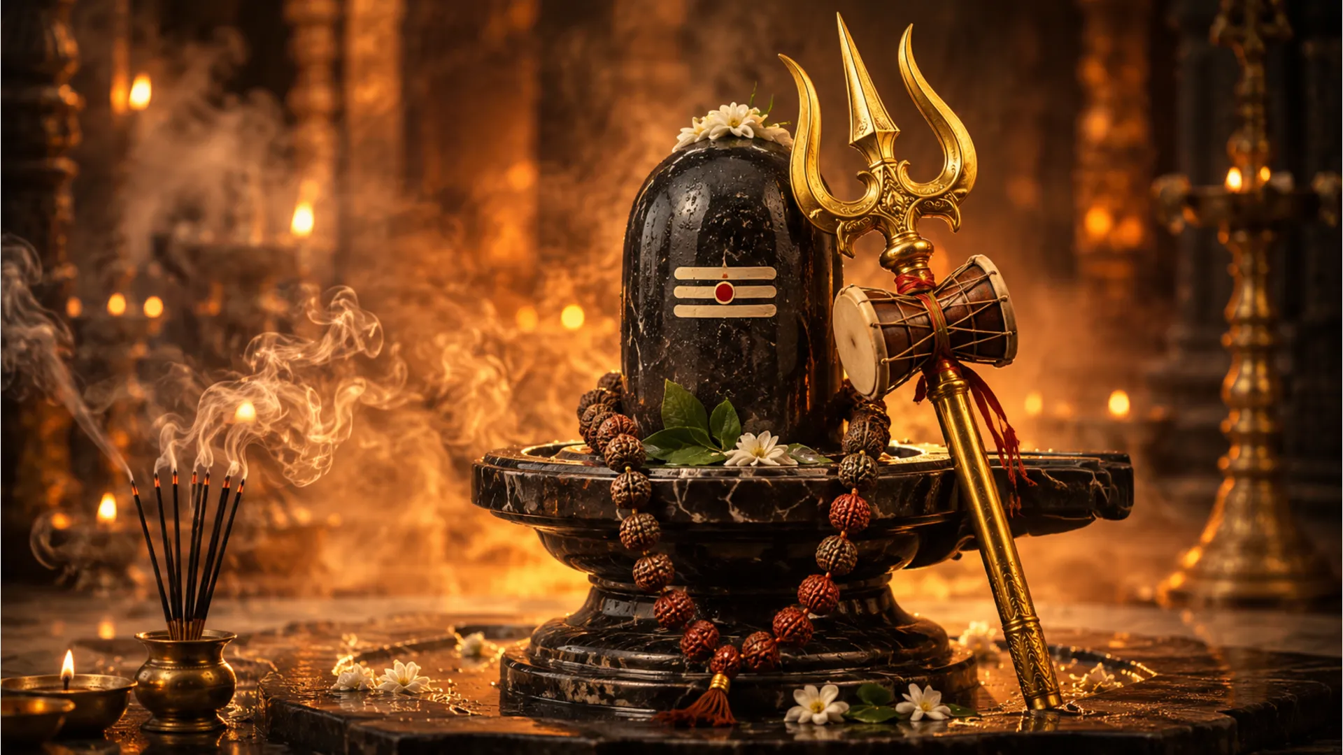 Full HD Shiva Lingam HD wallpapers 1080p featuring Lord Shiva Trishul and a holy Rudraksha mala.