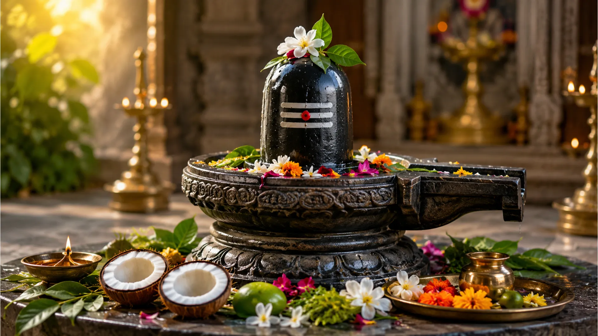 Shiva lingam decorated with flowers and coconut halves during ritual offering