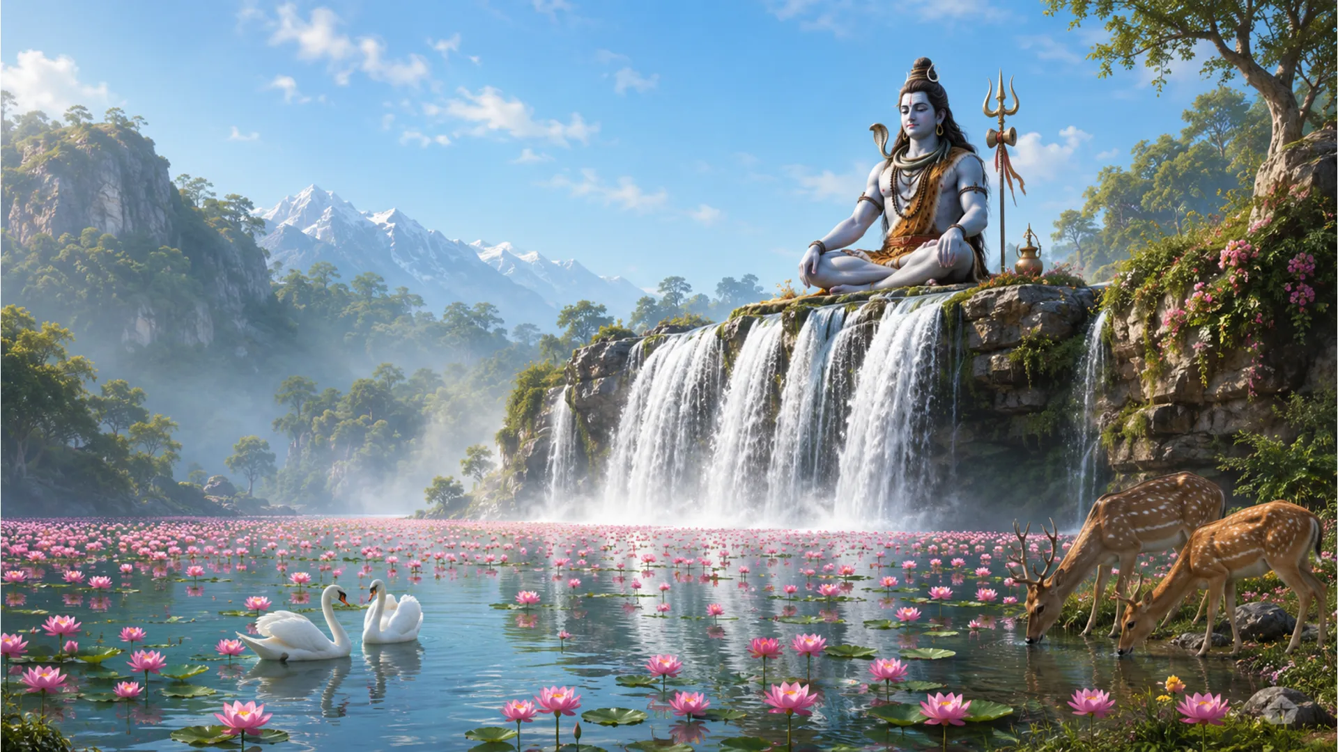Lord Shiva meditating calmly next to a waterfall dropping into a pink lotus pond
