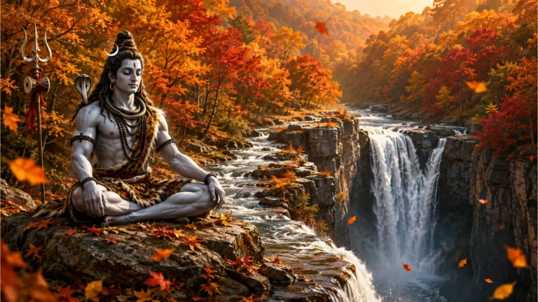 Lord Shiva seated in deep dhyana surrounded by golden autumn leaves and a rushing waterfall