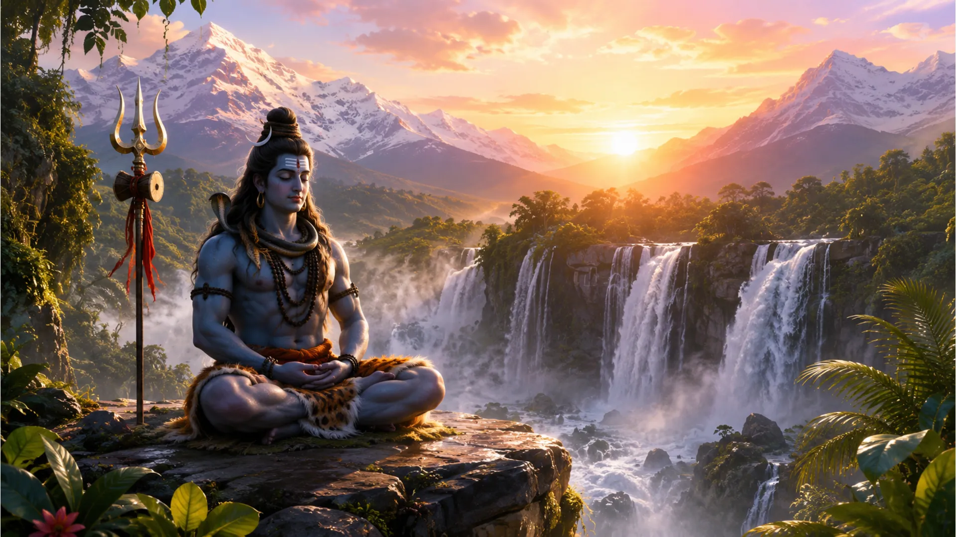Lord Shiva meditating in serene morning light above a misty jungle waterfall