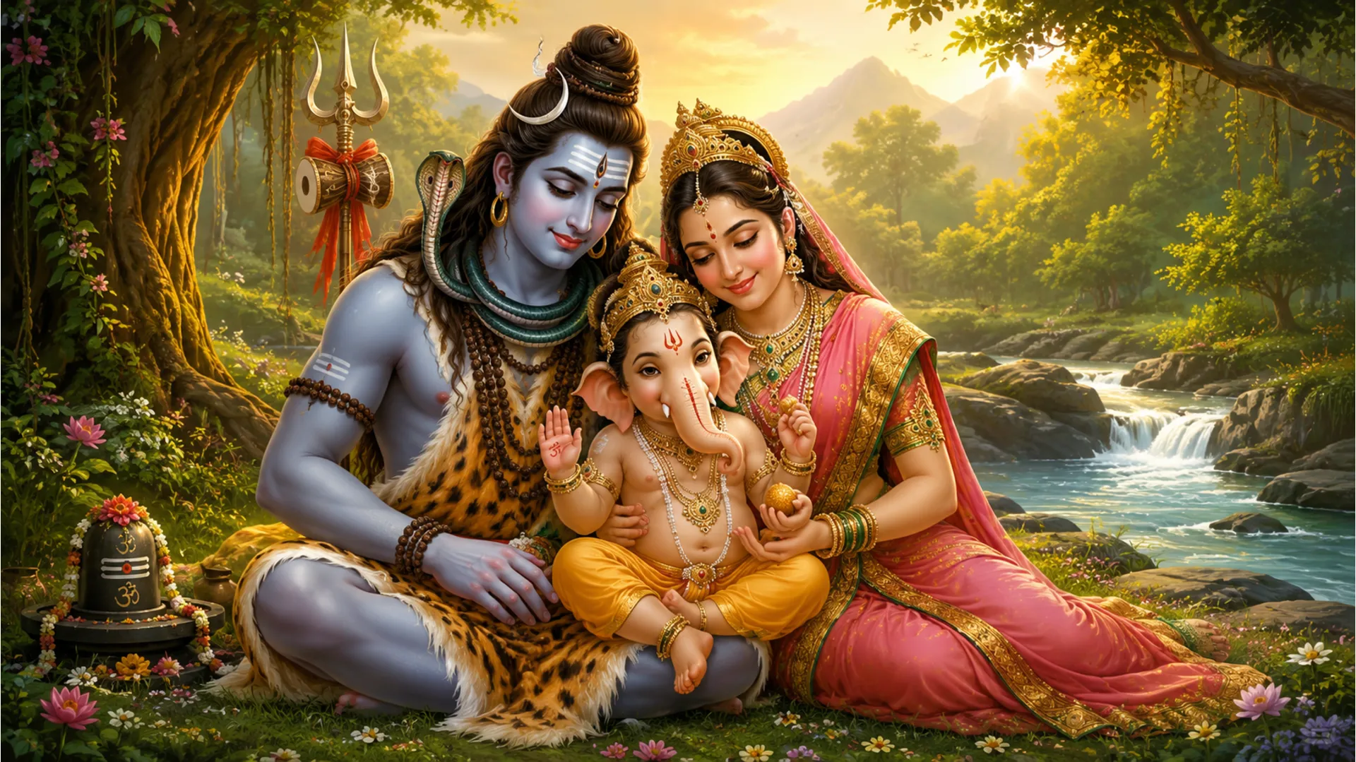 Lord Shiva, Goddess Parvati, and young Lord Ganesha sitting together as a loving divine family.