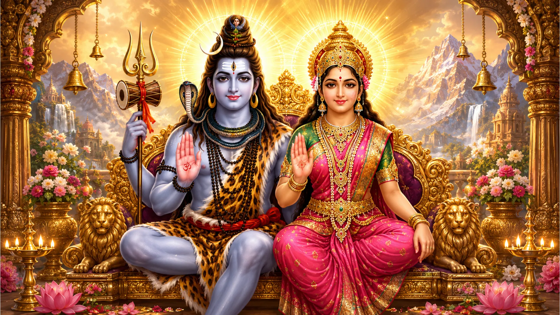 Lord Shiva and Goddess Parvati sitting on a golden throne, raising their hands to bless devotees.