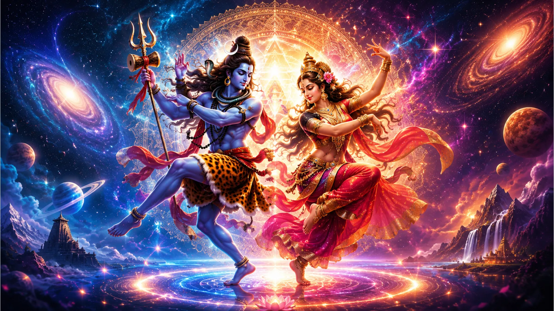 Lord Shiva and Goddess Parvati performing a cosmic dance together amidst stars and glowing energy.