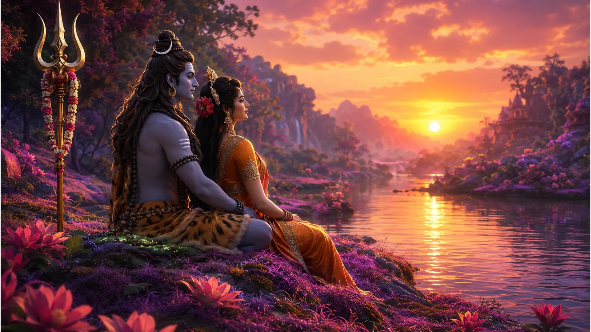 Shiva and Parvati resting near a colorful riverbank with purple flora and neon flowers