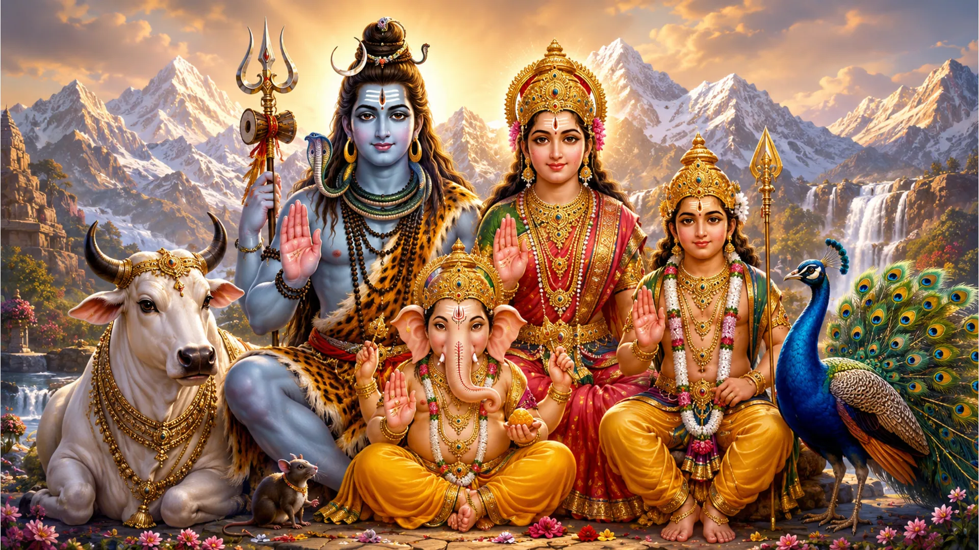Full hd lord shiva family hd wallpapers 1080p featuring divine family with Nandi and peacock.