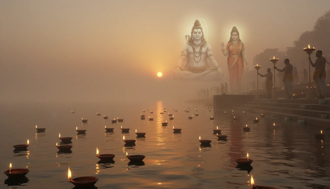 Lord Shiva and Goddess Parvati subtly present during a morning Ganga Aarti ceremony.