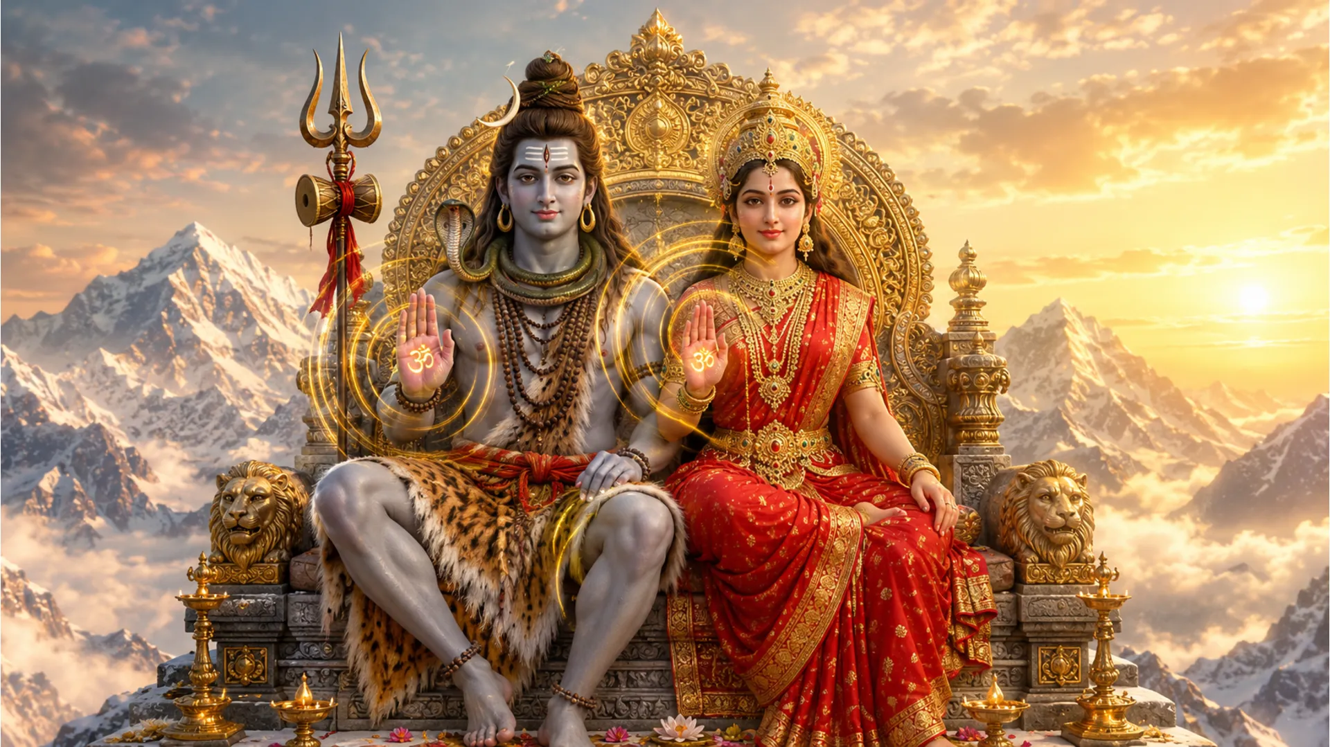 Lord Shiva and Goddess Parvati sitting on a golden throne, raising their hands to bless the universe.