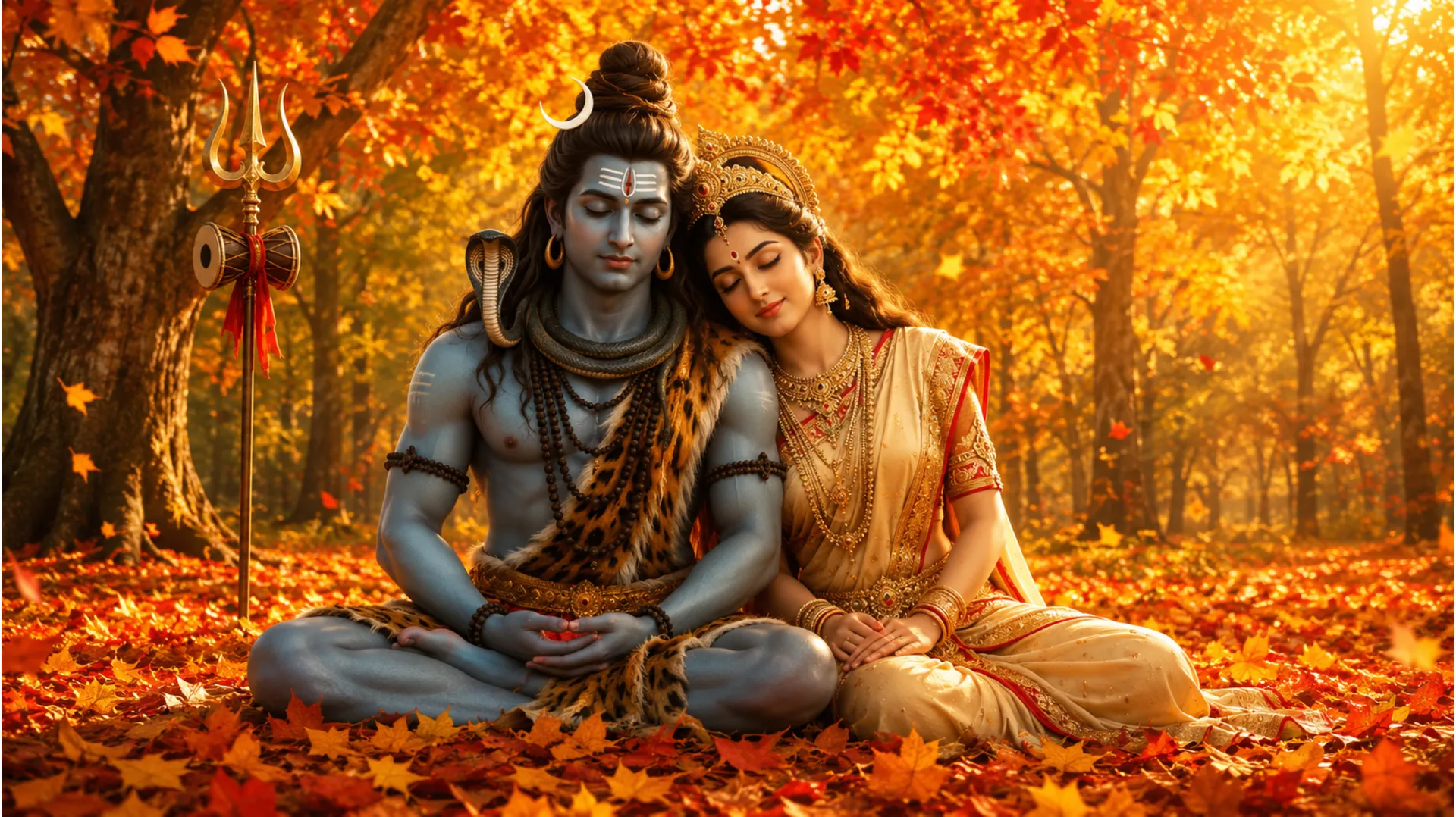 Shiva and Parvati meditating together surrounded by warm orange and red autumn leaves