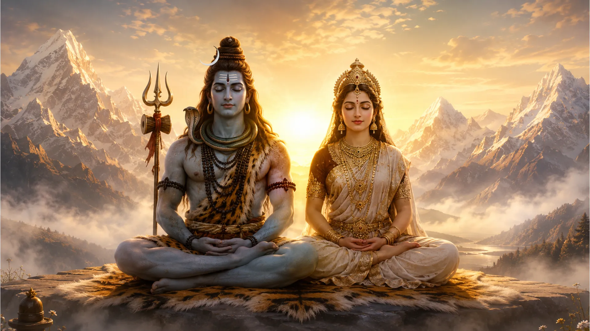 Goddess Parvati and Lord Shiva meditating together in perfect harmony with a soft golden aura.