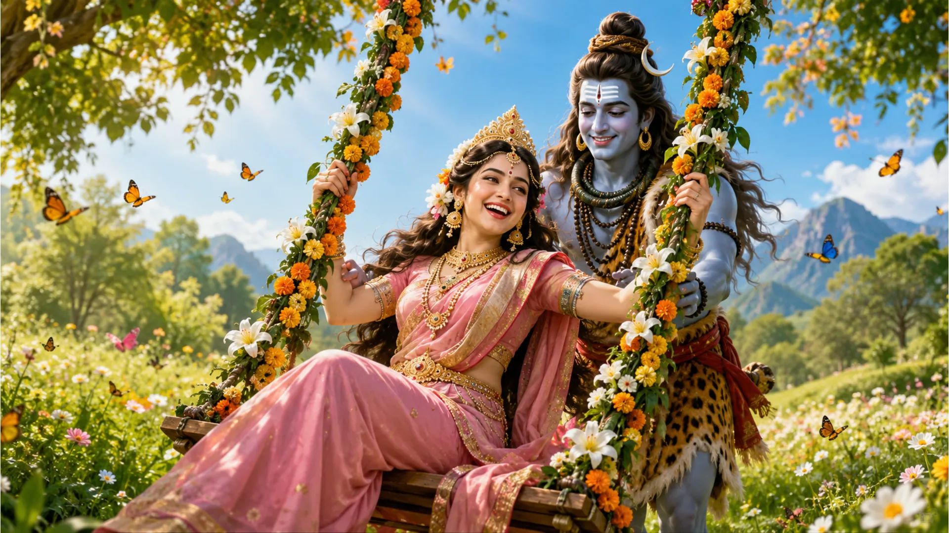 Lord Shiva playfully pushing Goddess Parvati on a beautifully decorated flower swing.
