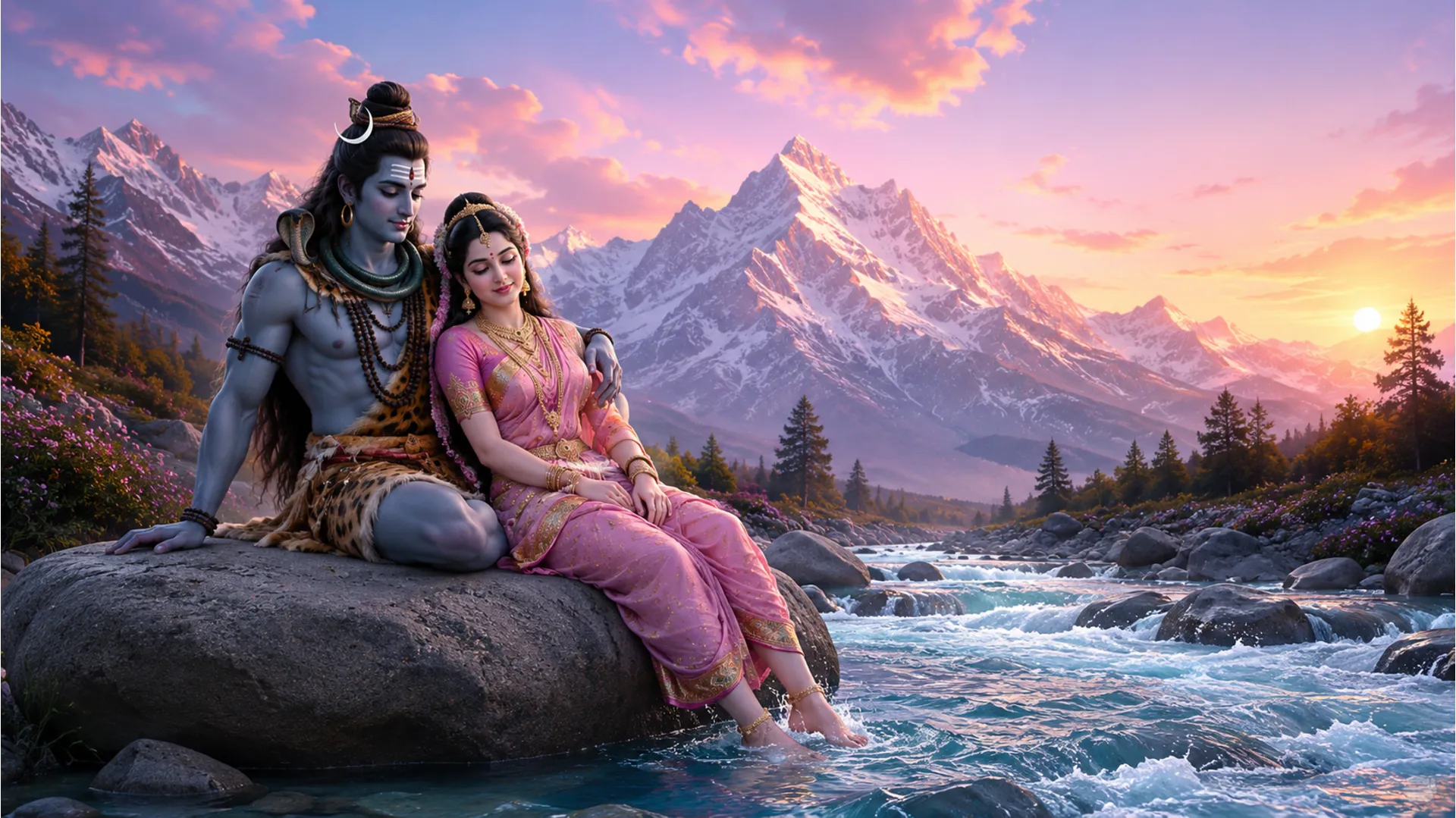 Lord Shiva and Goddess Parvati sitting on a large rock by a clear flowing Himalayan river at sunrise.