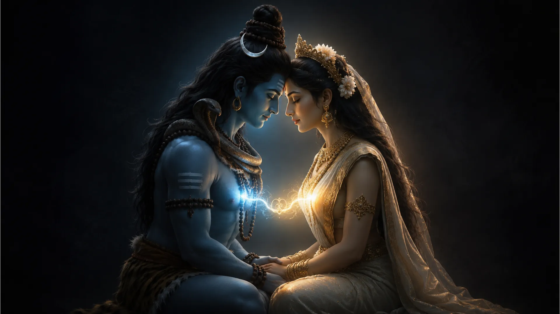 Lord Shiva and Goddess Parvati sitting face to face, their profiles forming a perfect symmetry.